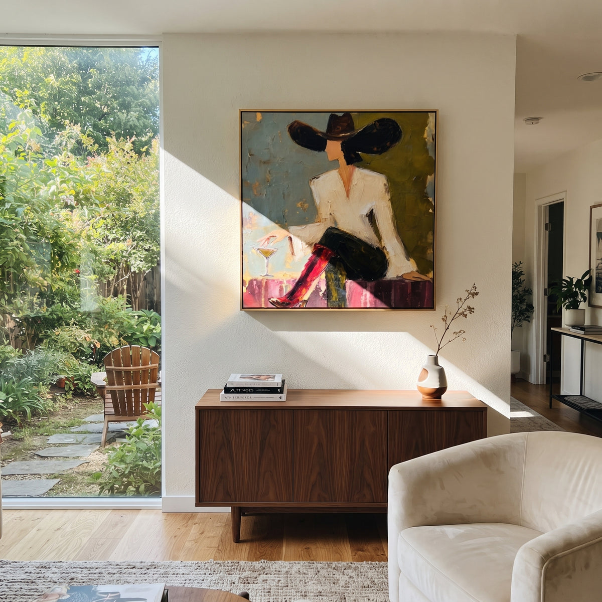 Striped Table Meets Mustard presented above a contemporary console