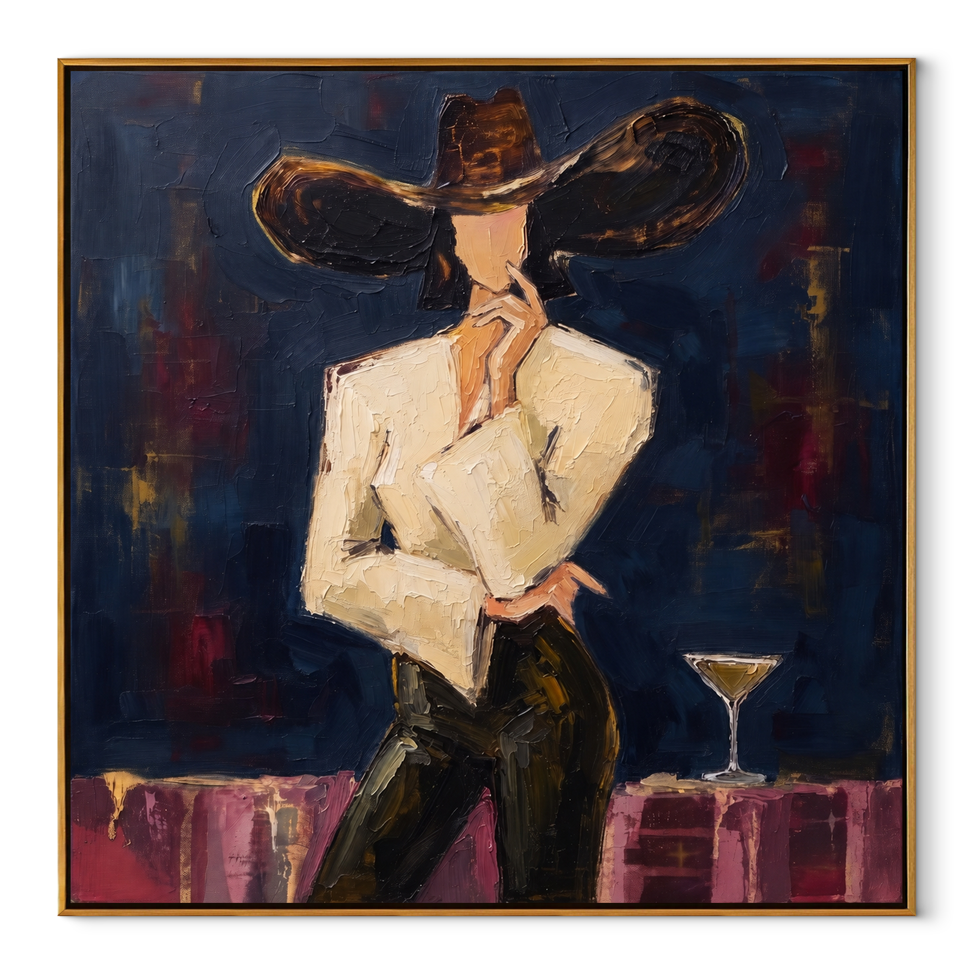 Midnight Brim Cuts Scarlet textured figurative painting, square canvas artwork