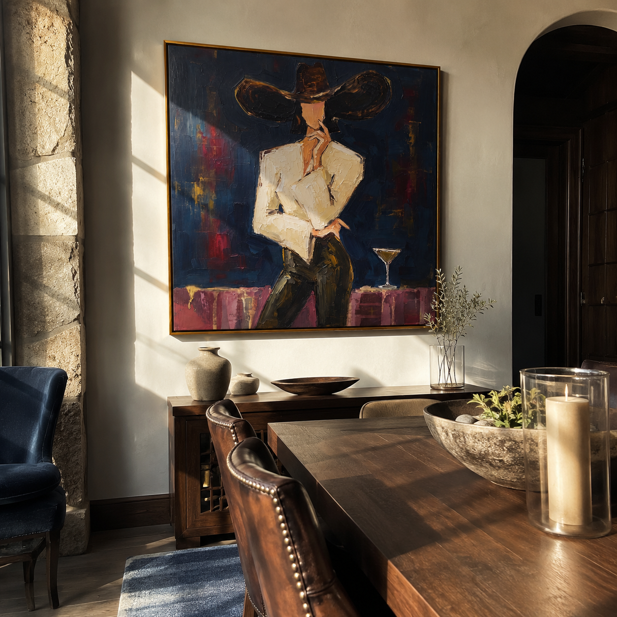 Midnight Brim Cuts Scarlet styled with neutral modern furnishings