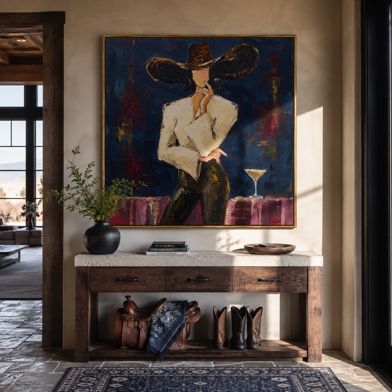 Midnight Brim Cuts Scarlet styled in a layered residential interior