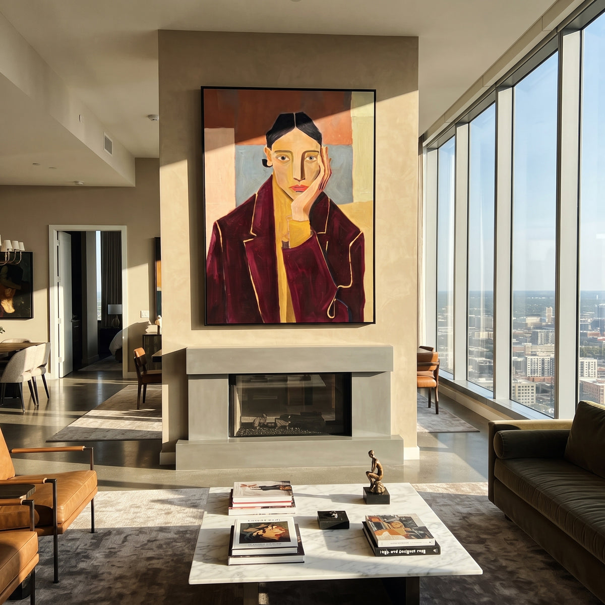 Burgundy Jacket Keeps Counsel displayed in a warm contemporary interior