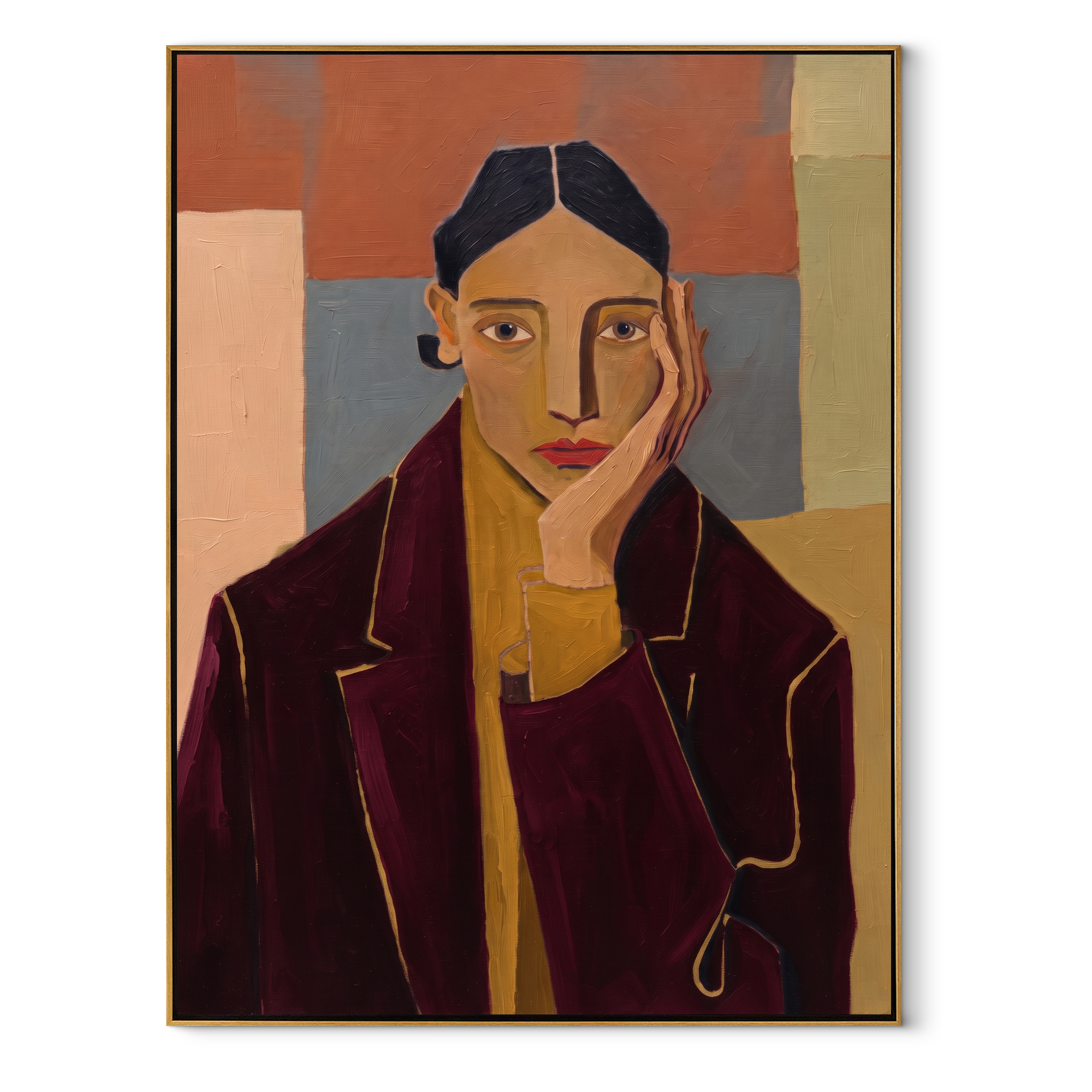 Burgundy Jacket Keeps Counsel textured figurative painting, vertical canvas artwork
