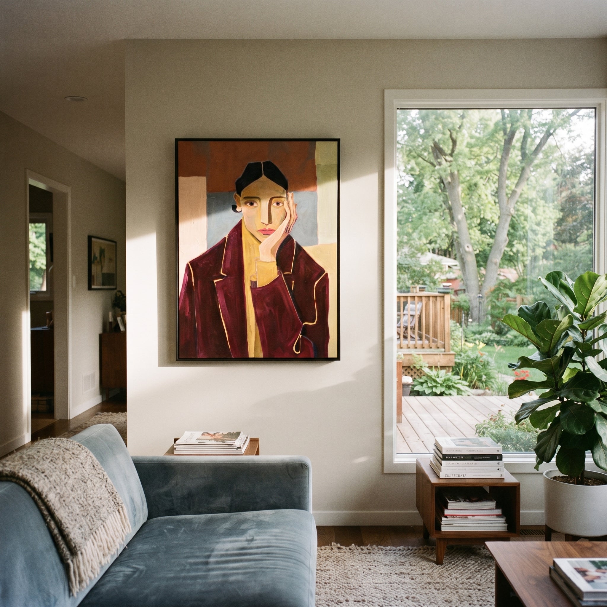 Burgundy Jacket Keeps Counsel displayed as a Retro Modern room focal point
