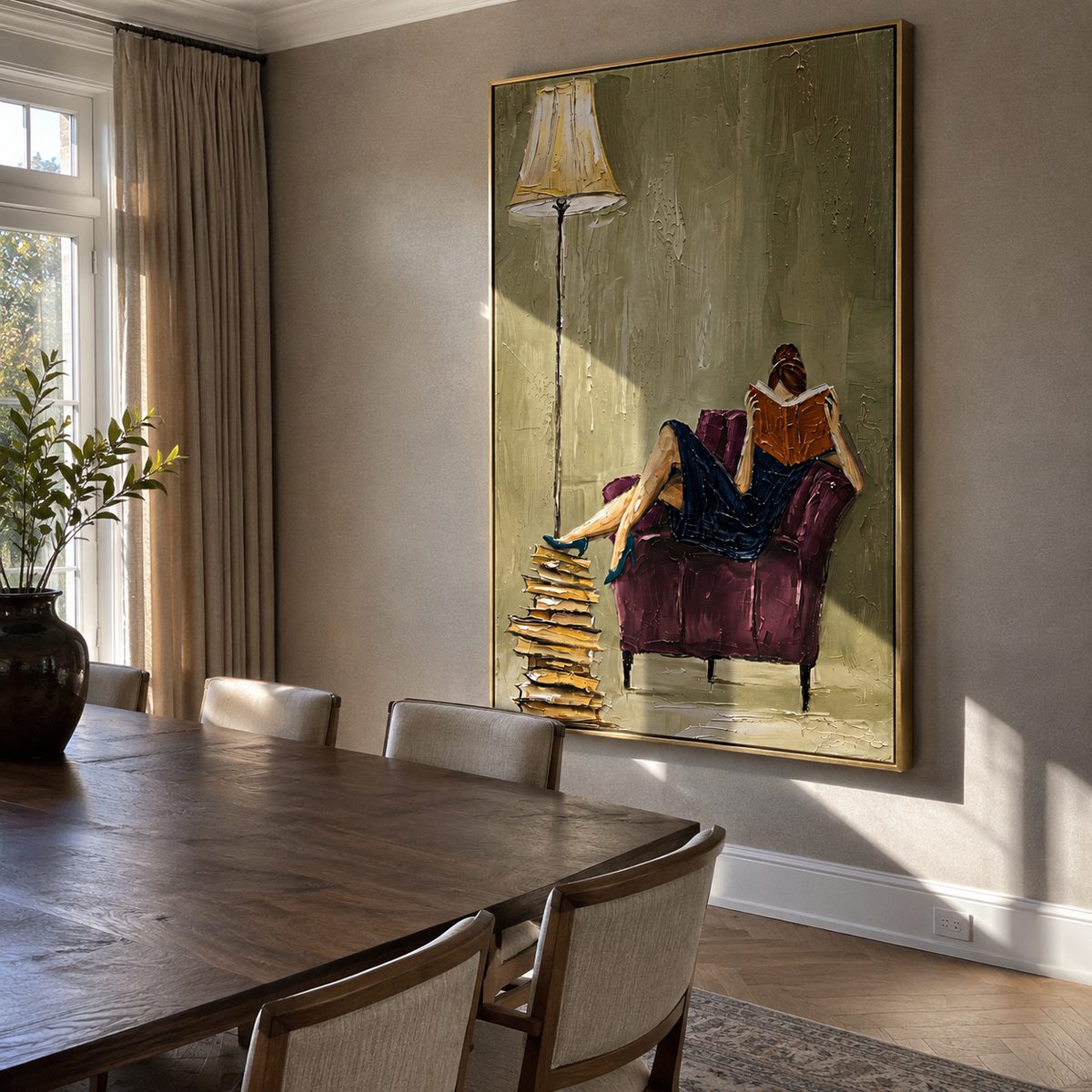 Books Wait Beneath Lamp displayed in a warm contemporary interior