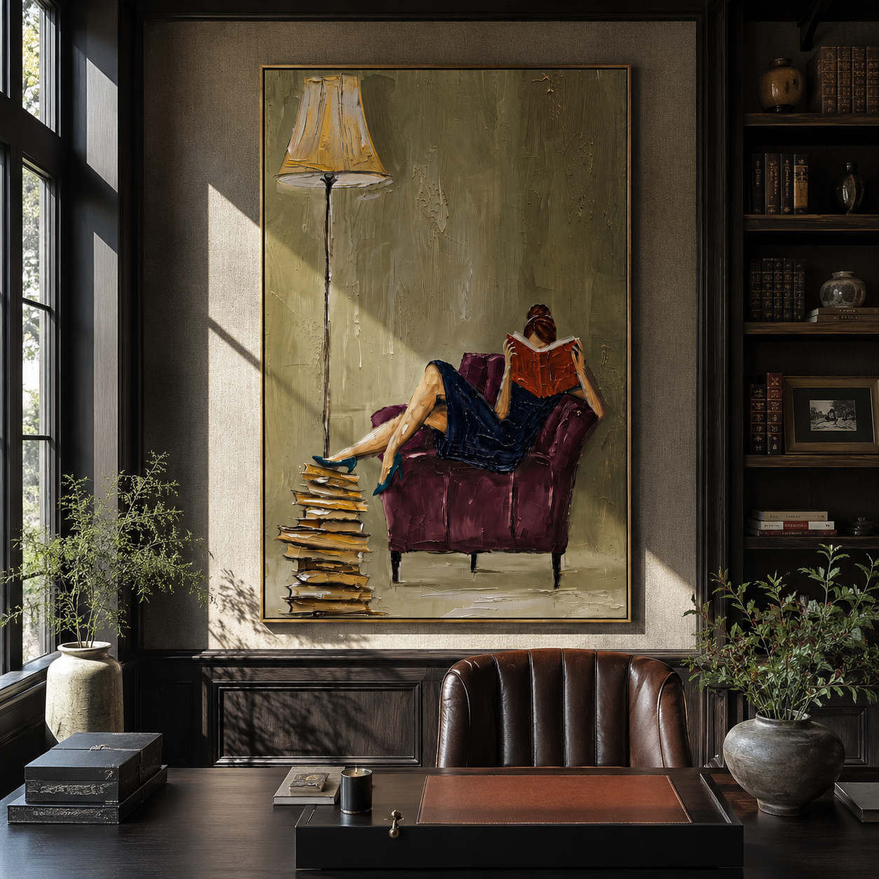 Books Wait Beneath Lamp presented above a contemporary console