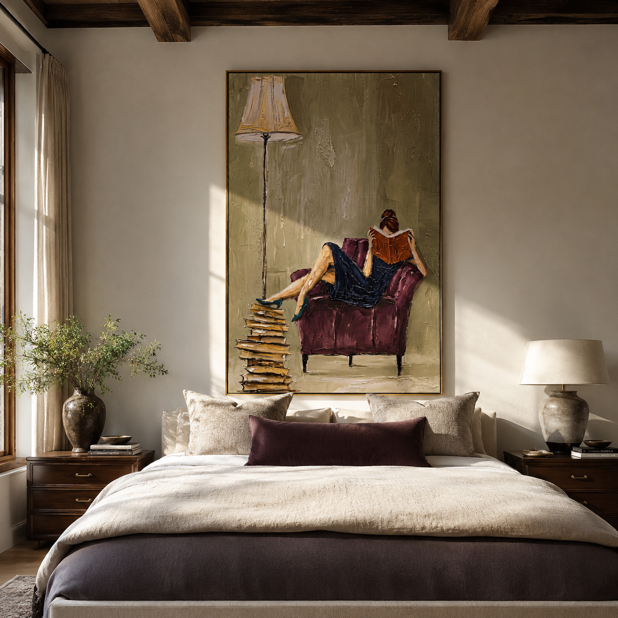 Books Wait Beneath Lamp displayed as a Retro Modern room focal point