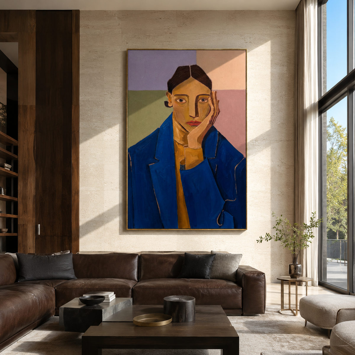 Blue Suit Faces Violet displayed in a warm contemporary interior