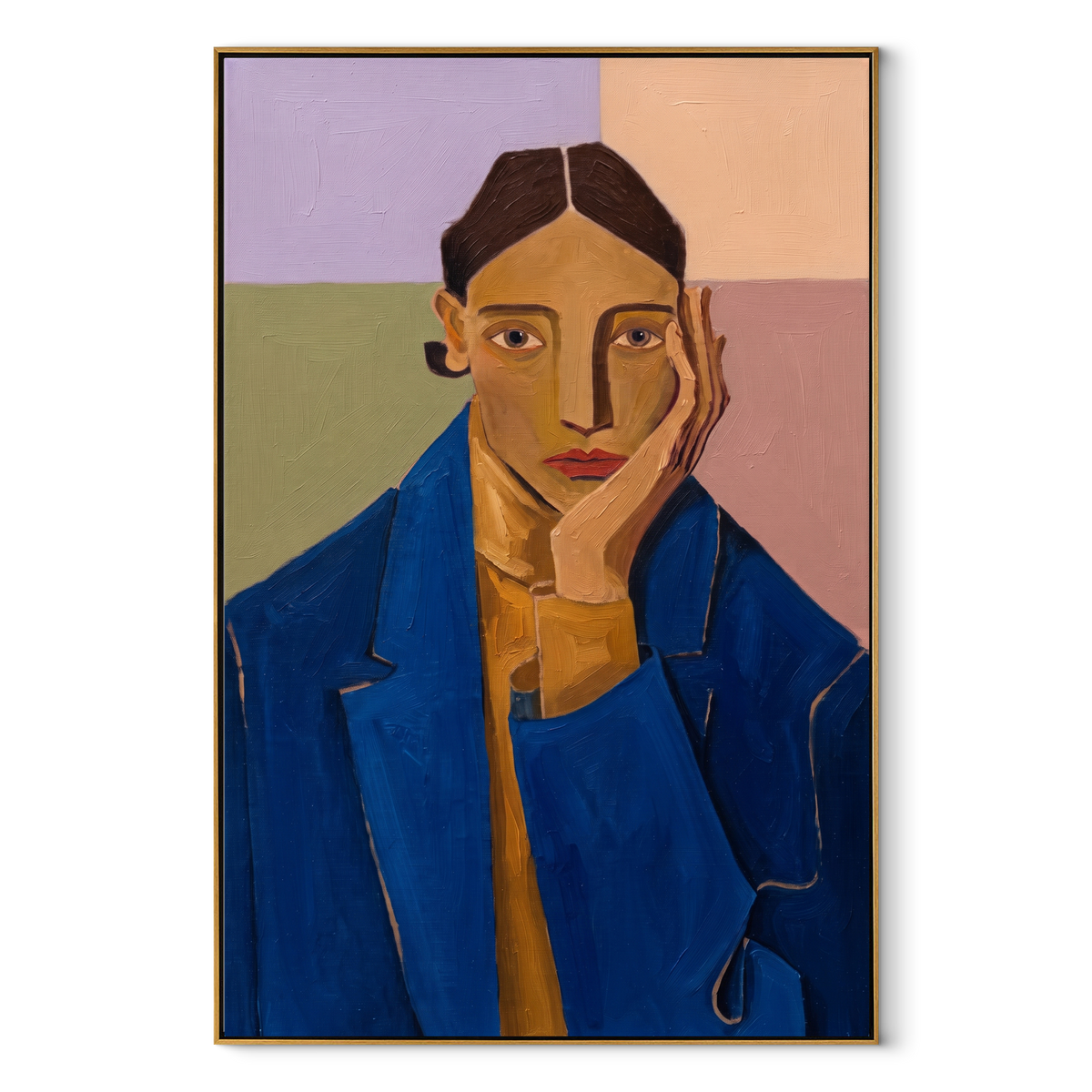 Blue Suit Faces Violet textured figurative painting, vertical canvas artwork