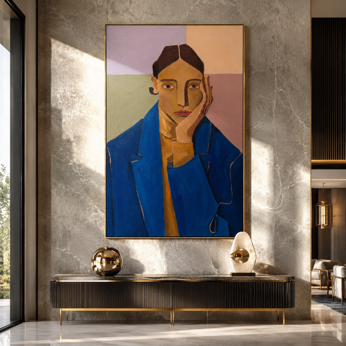 Blue Suit Faces Violet presented above a contemporary console