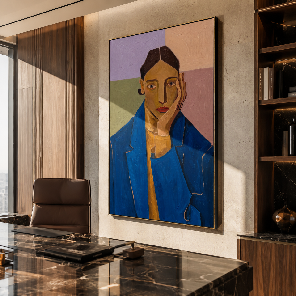Blue Suit Faces Violet styled in a layered residential interior