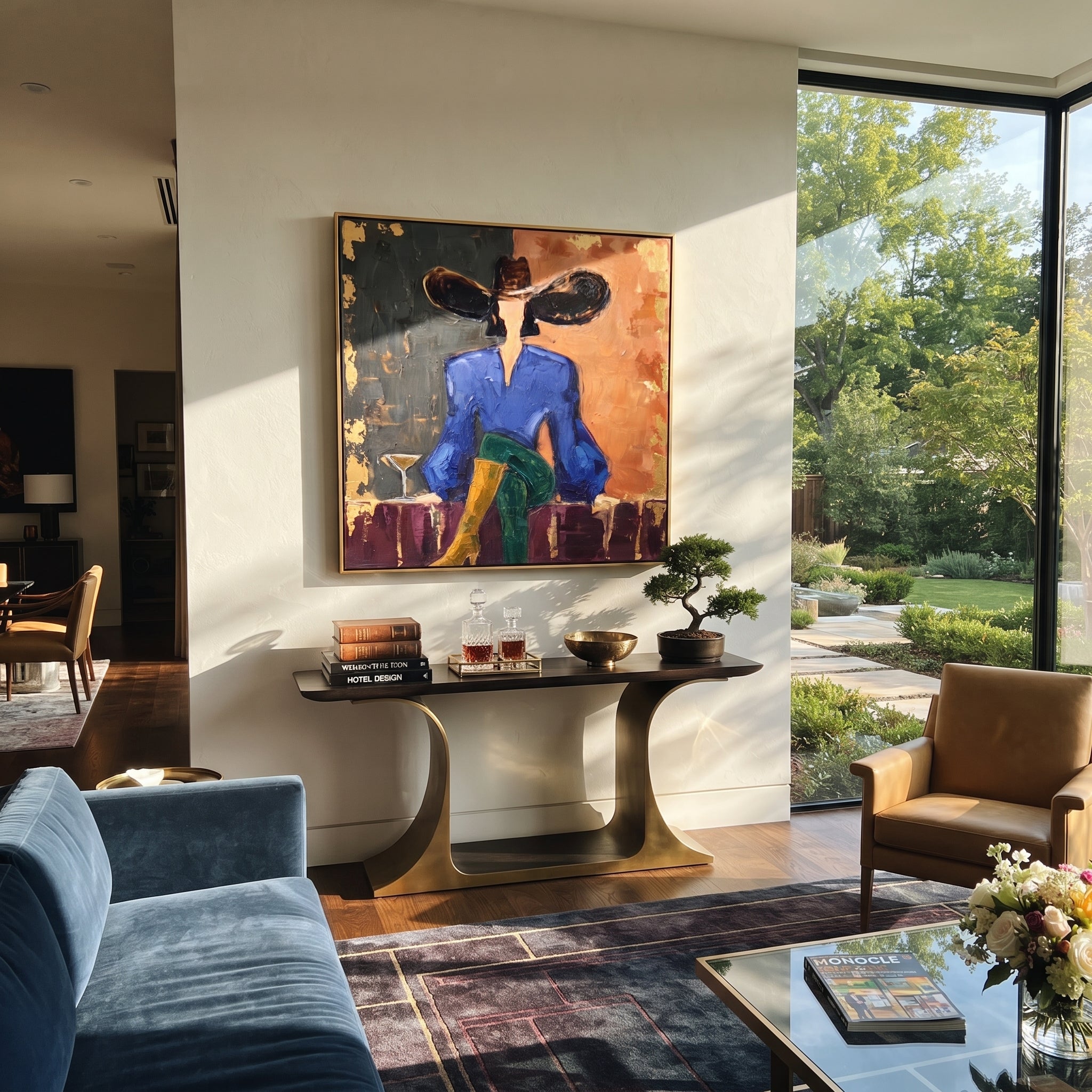 Dark Brim Guards Table styled with neutral modern furnishings