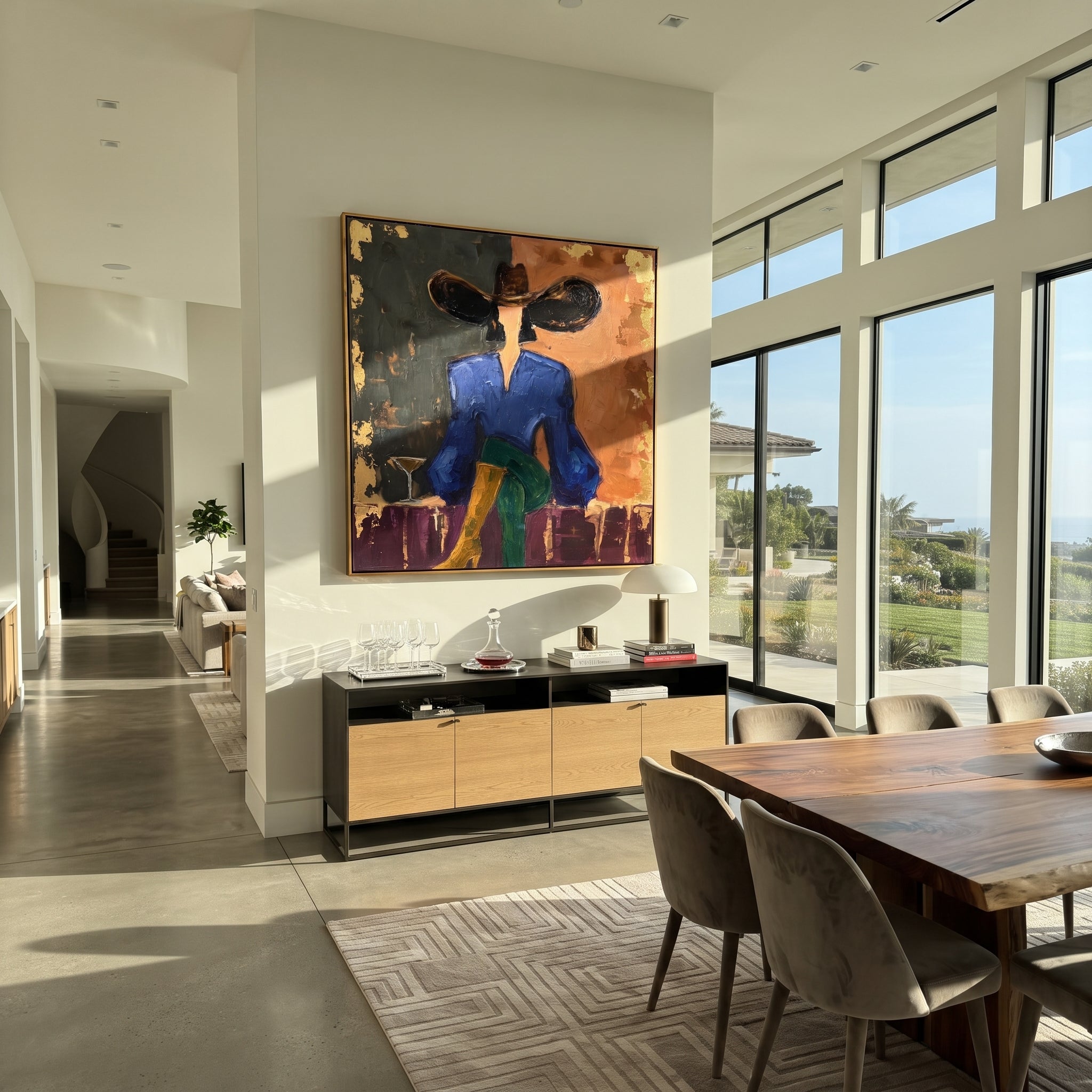Dark Brim Guards Table presented above a contemporary console