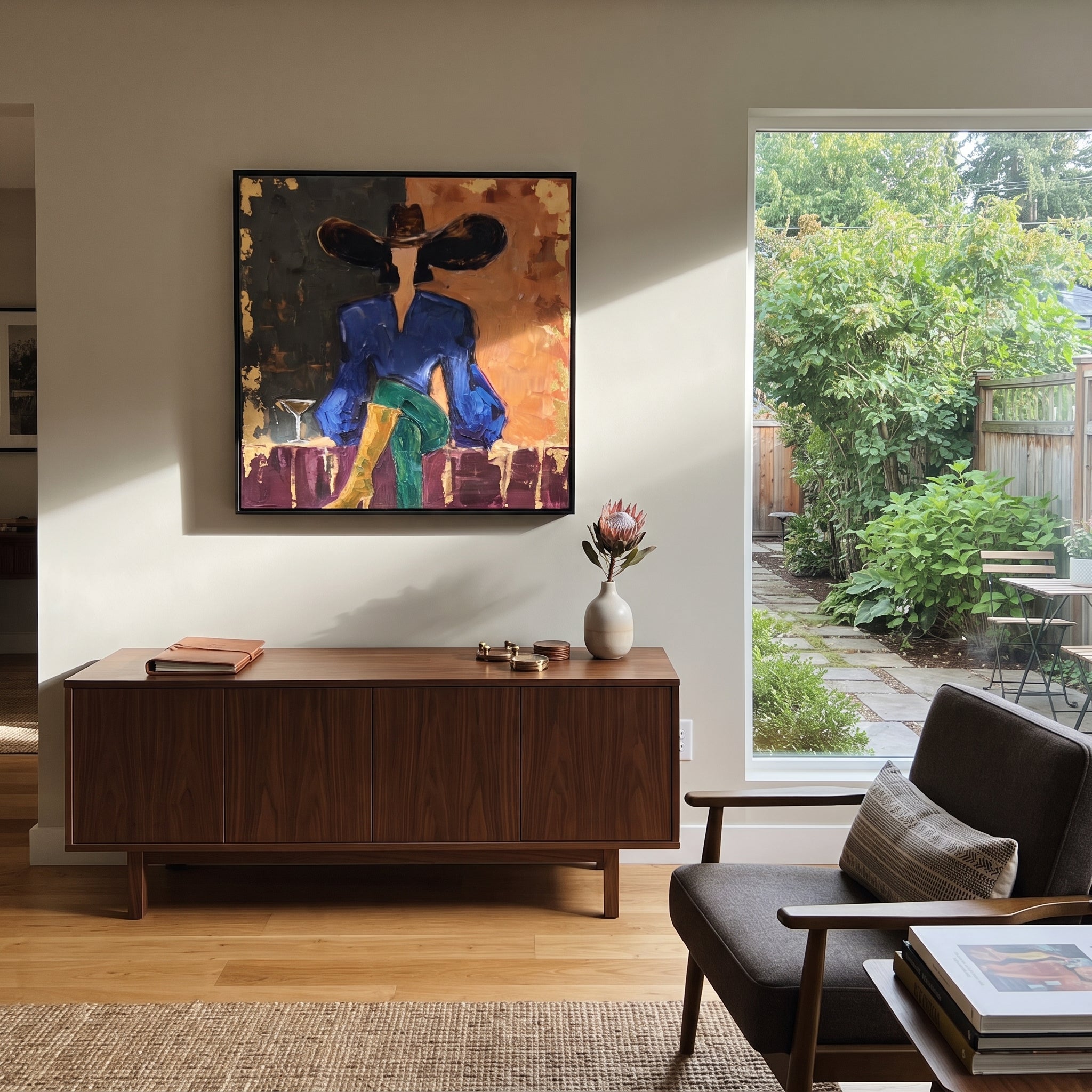 Dark Brim Guards Table styled in a layered residential interior