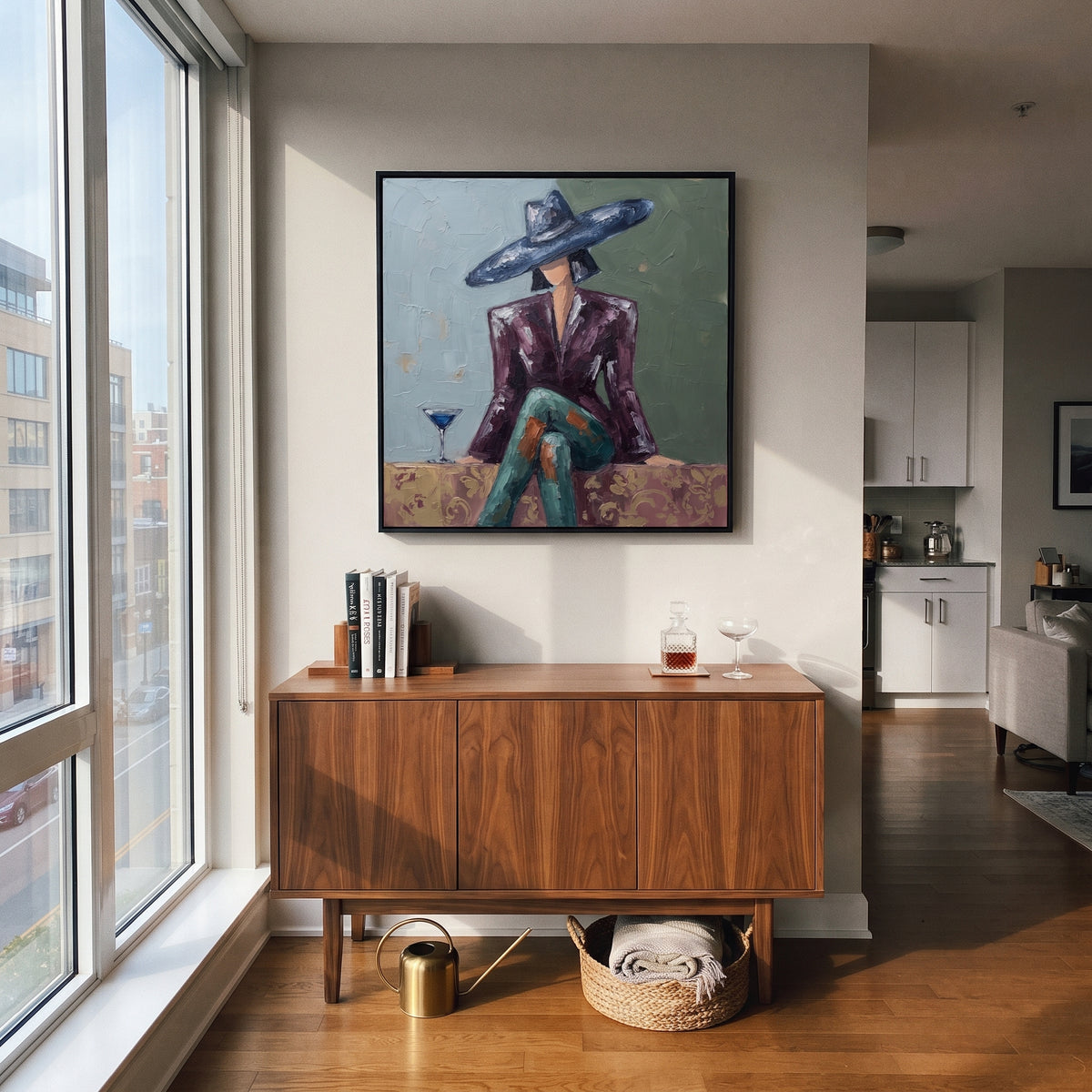 Cocktail Waits Beneath Brim presented above a contemporary console