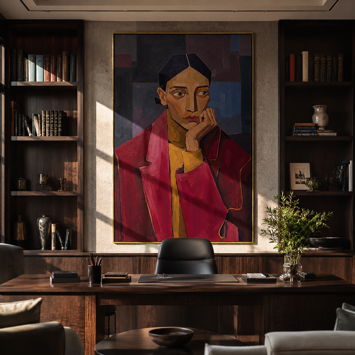 Red Jacket Holds Doubt displayed in a warm contemporary interior