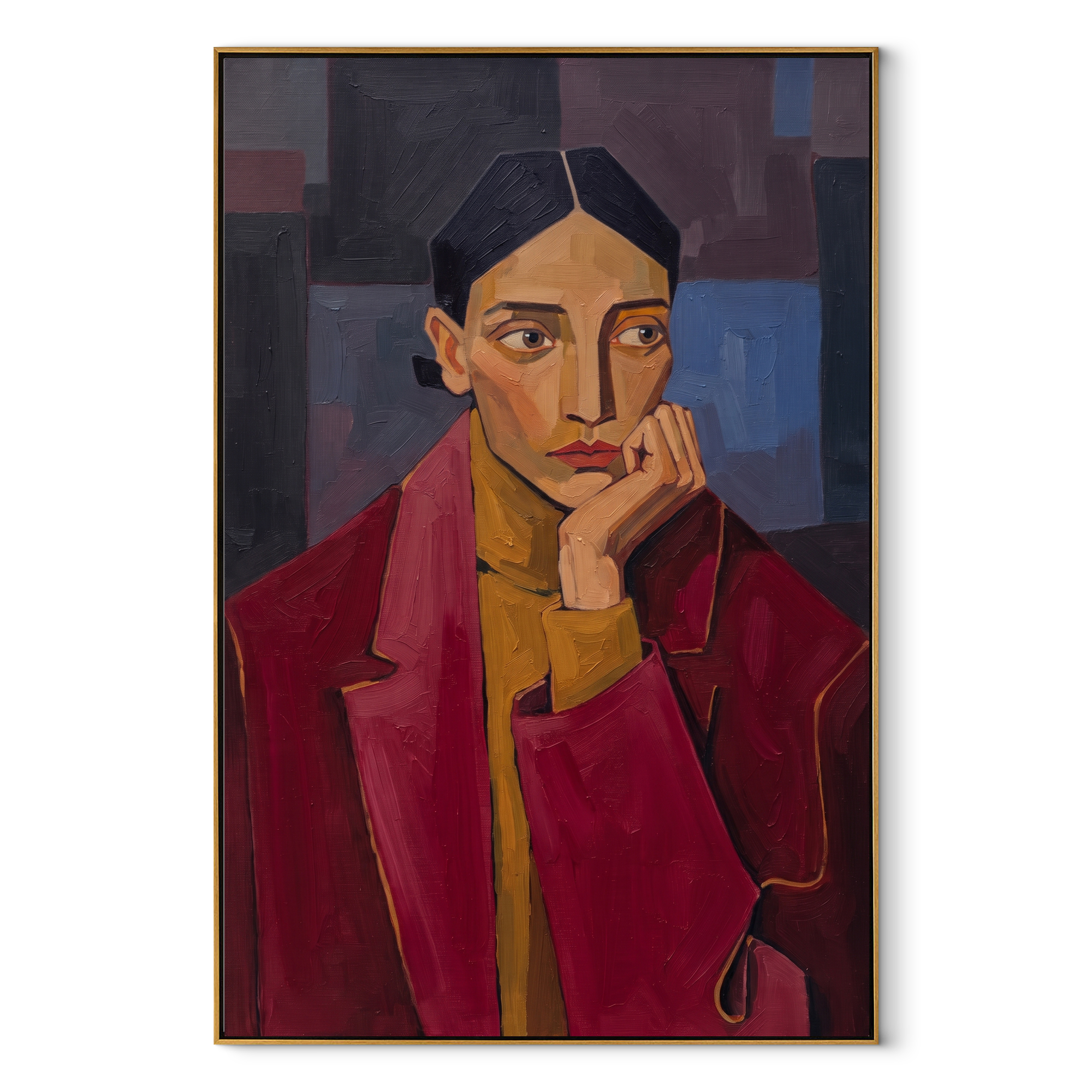 Red Jacket Holds Doubt textured figurative painting, vertical canvas artwork