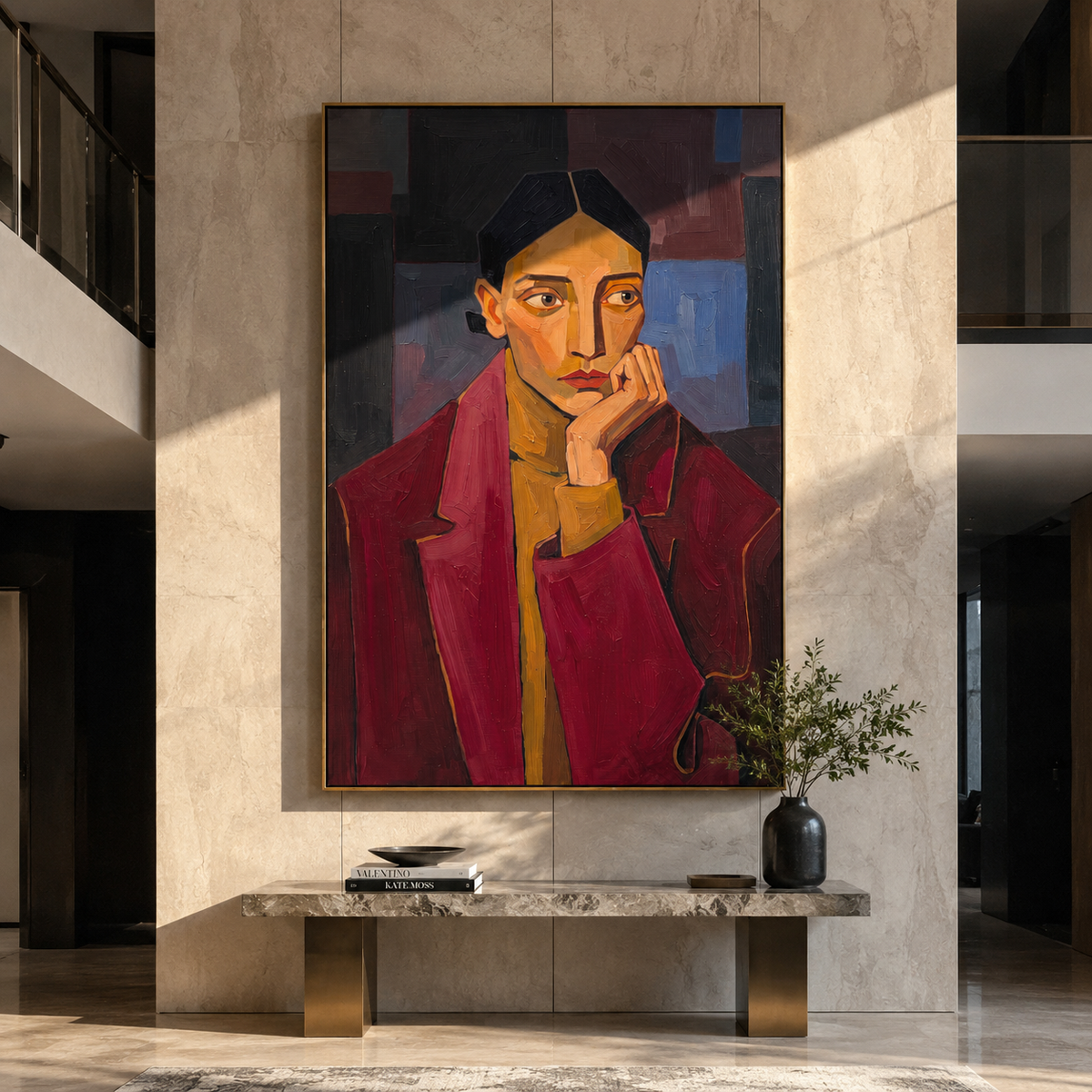 Red Jacket Holds Doubt presented above a contemporary console