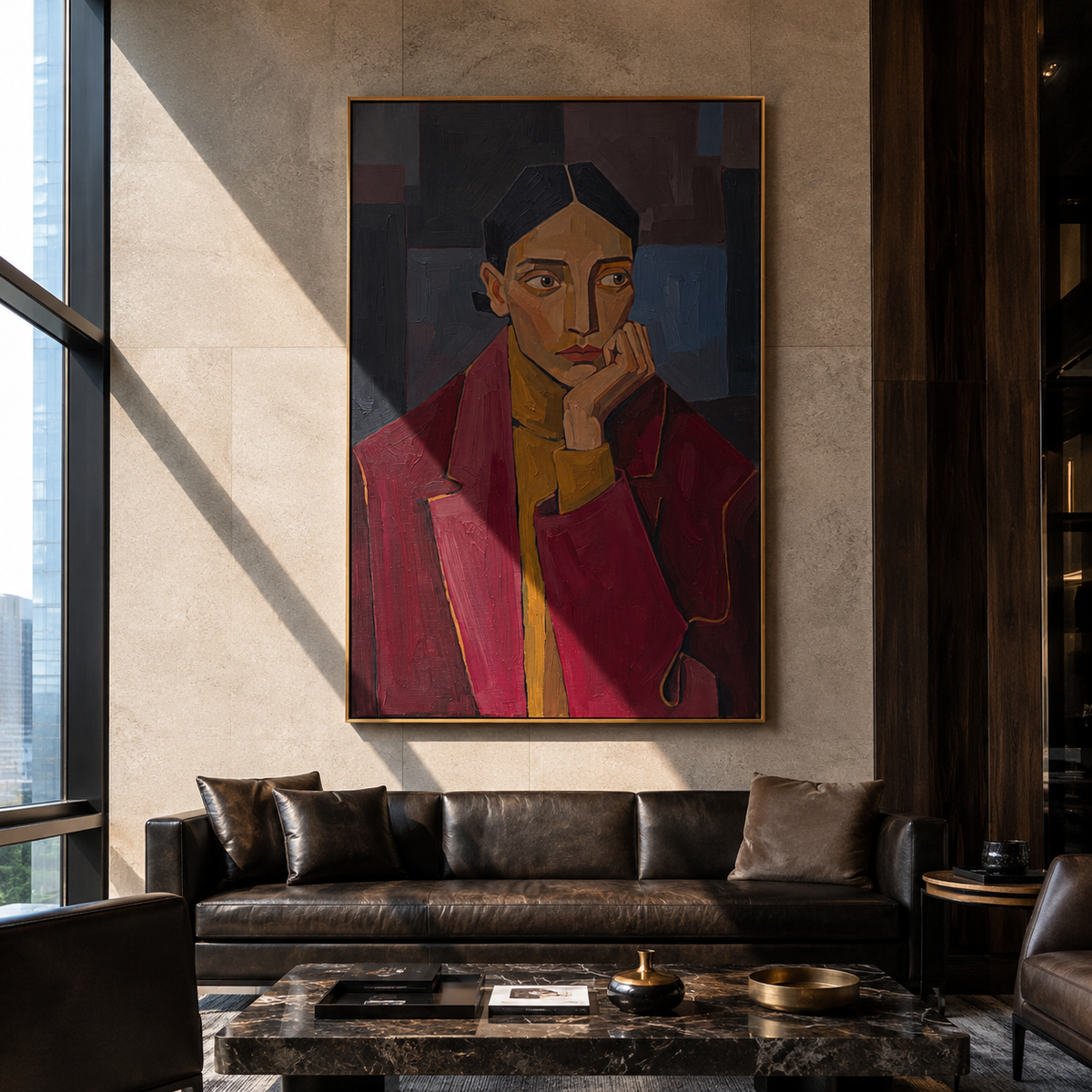 Red Jacket Holds Doubt styled in a layered residential interior