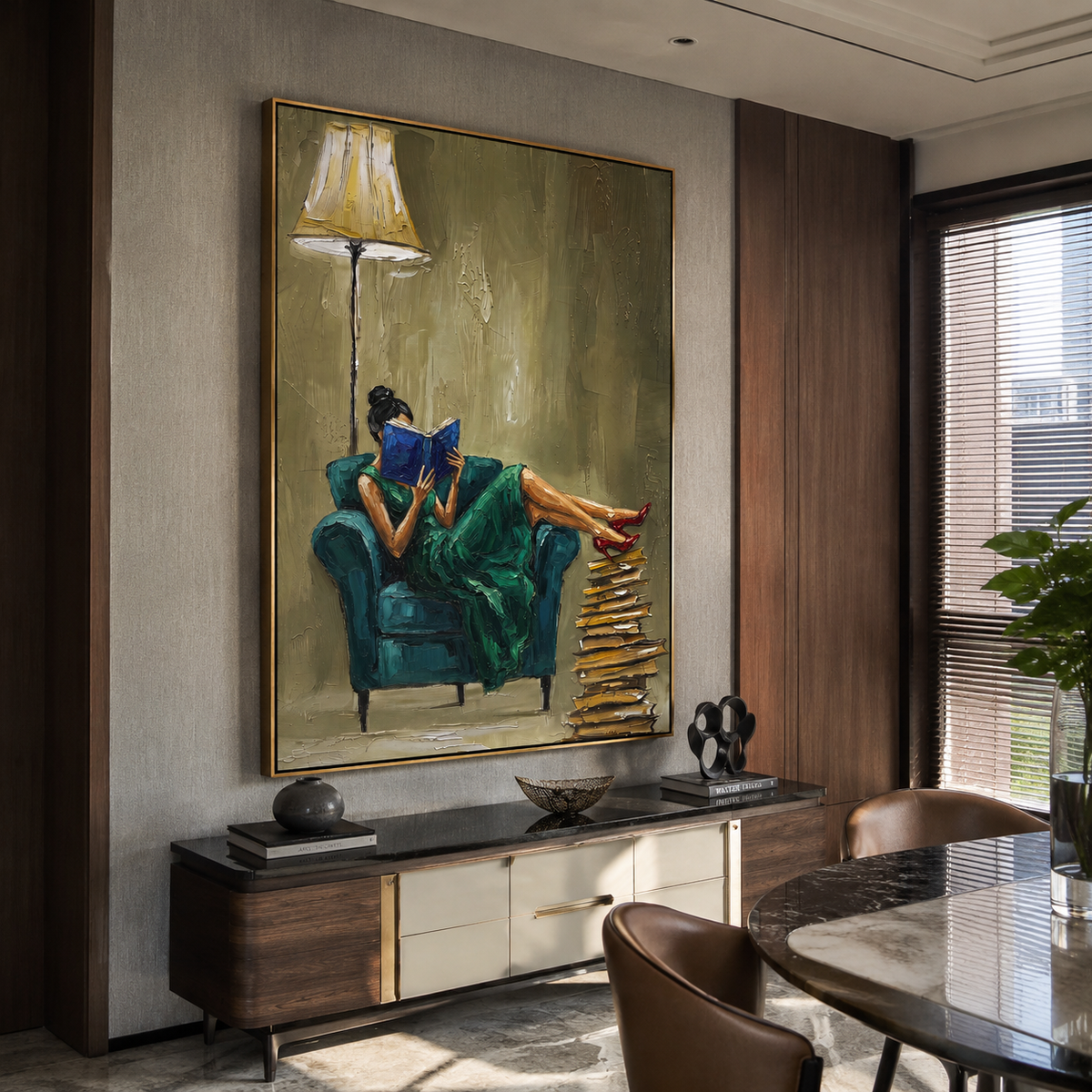 Green Dress Reads Lamplight displayed in a warm contemporary interior