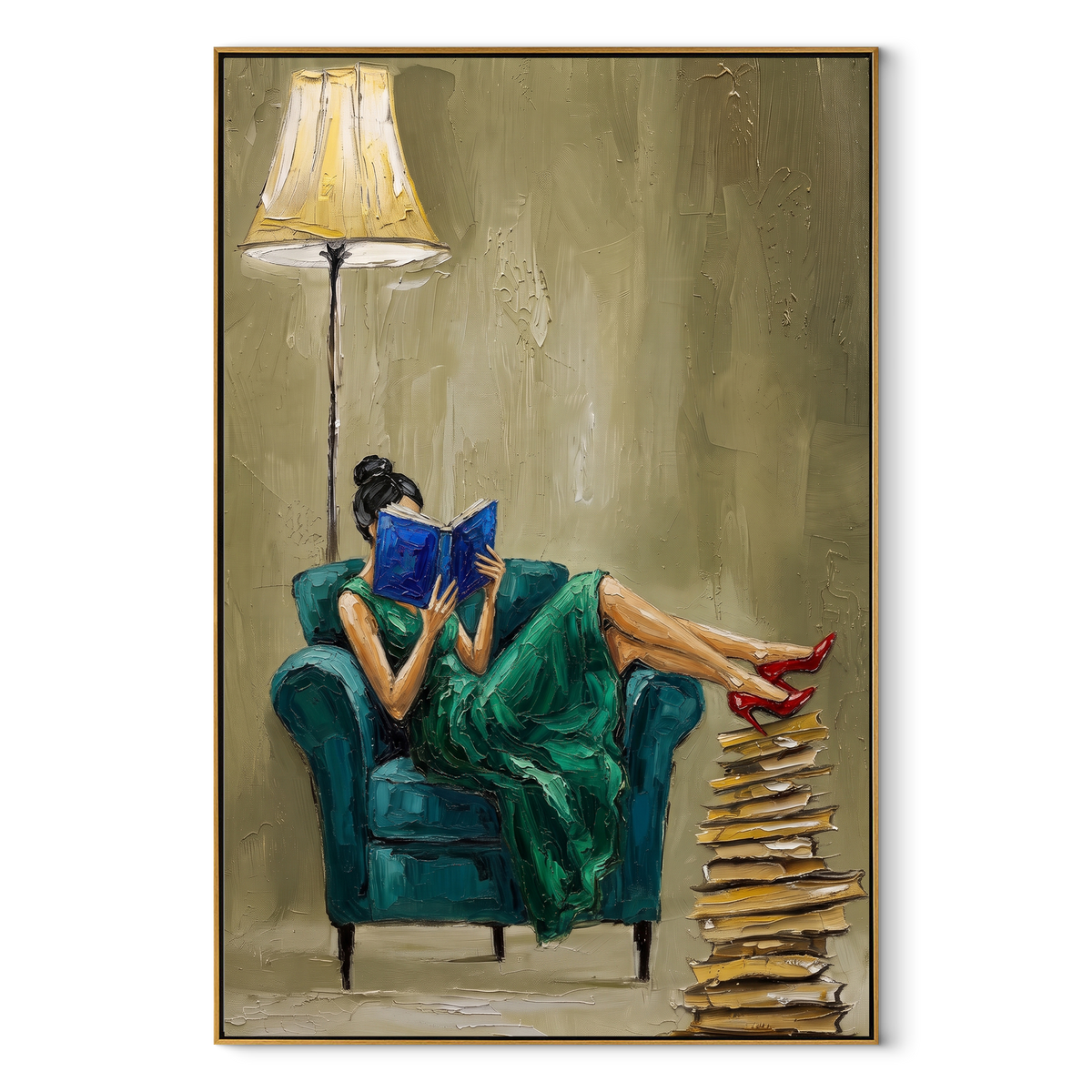 Green Dress Reads Lamplight textured figurative painting, vertical canvas artwork