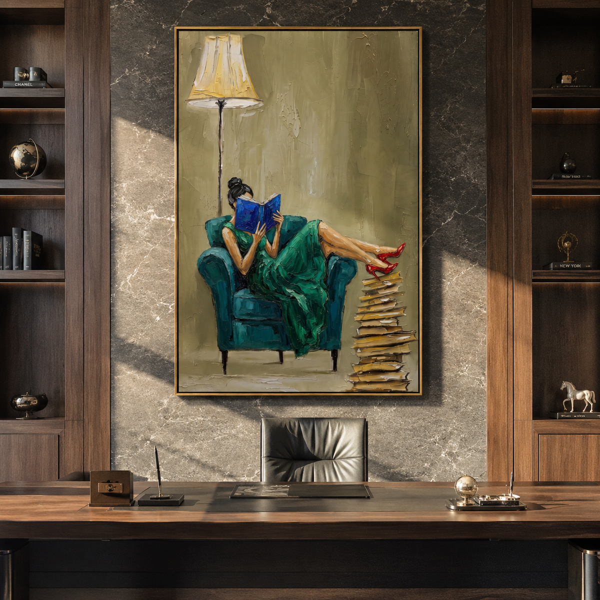 Green Dress Reads Lamplight styled with neutral modern furnishings