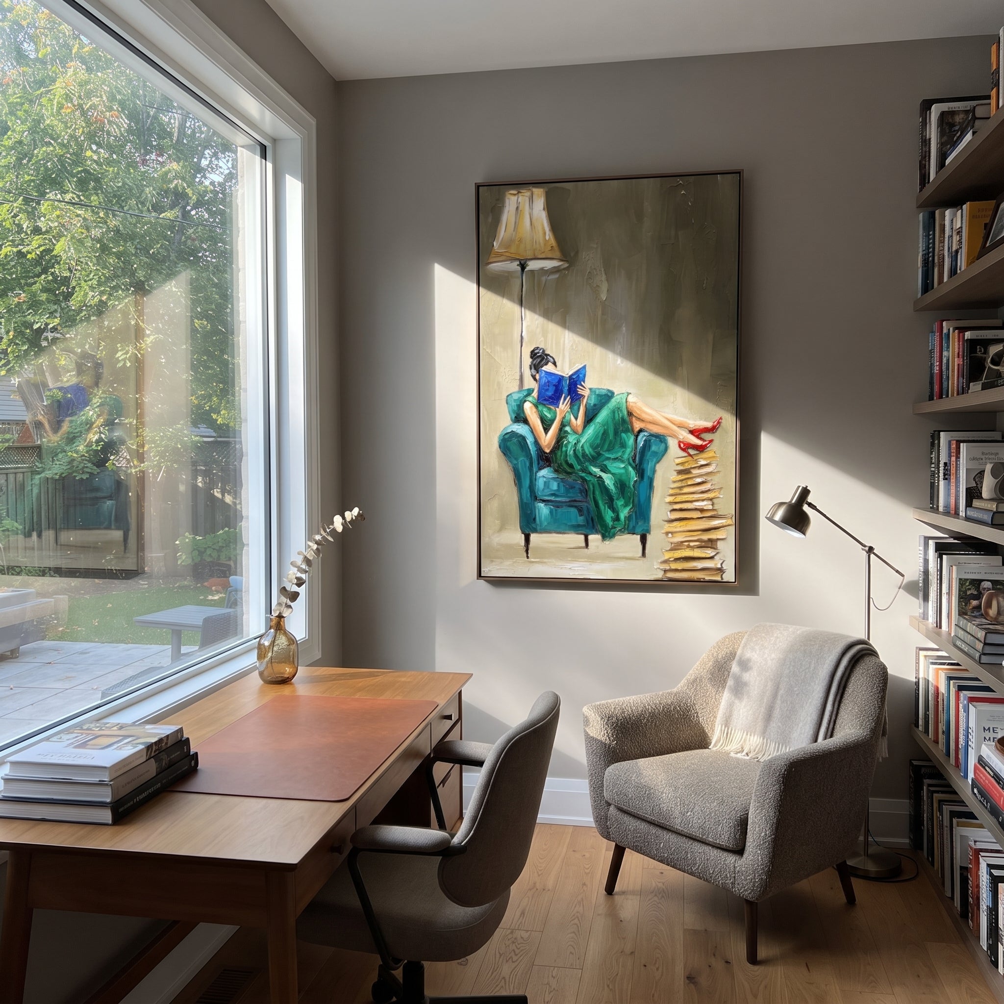 Green Dress Reads Lamplight presented above a contemporary console