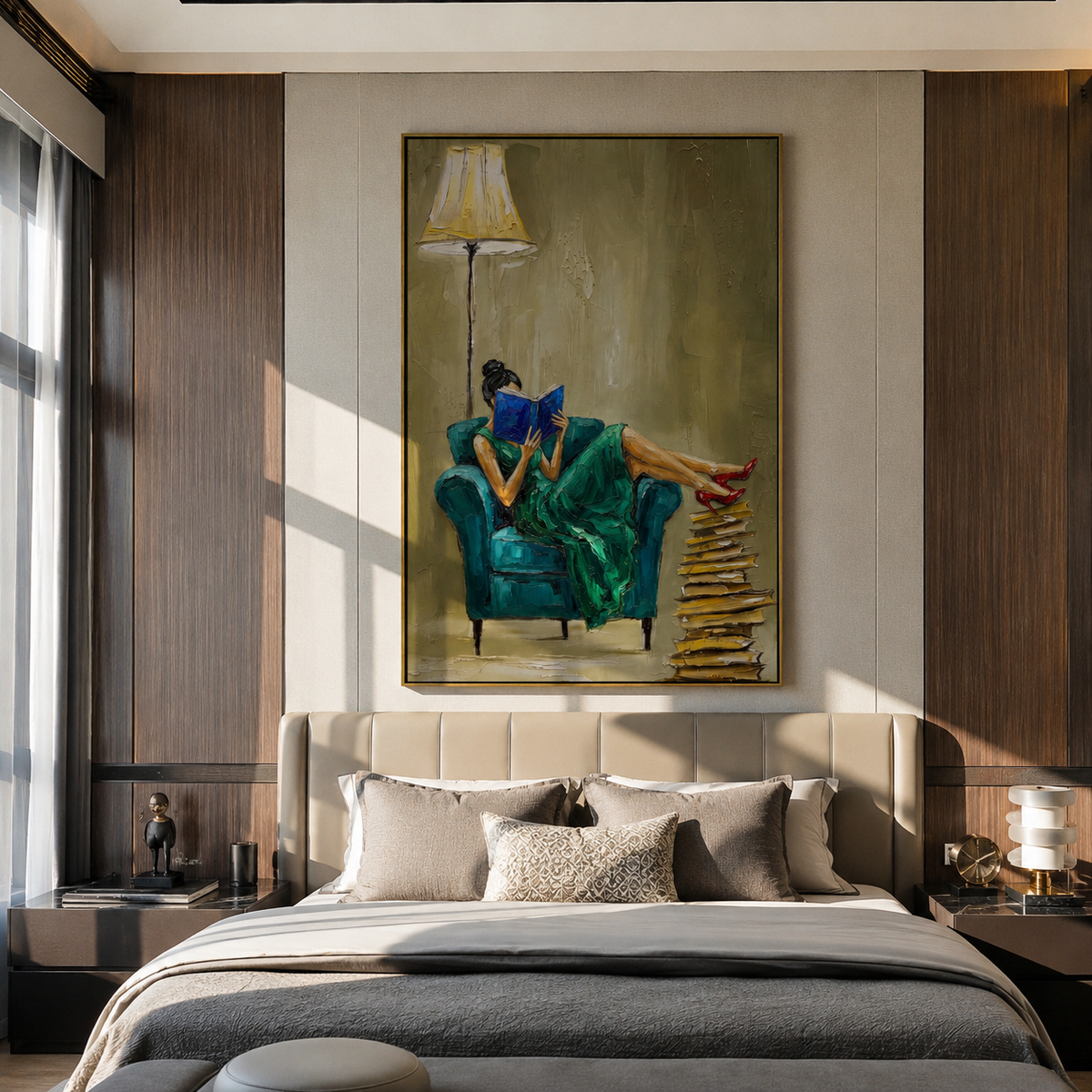 Green Dress Reads Lamplight displayed as a Retro Modern room focal point