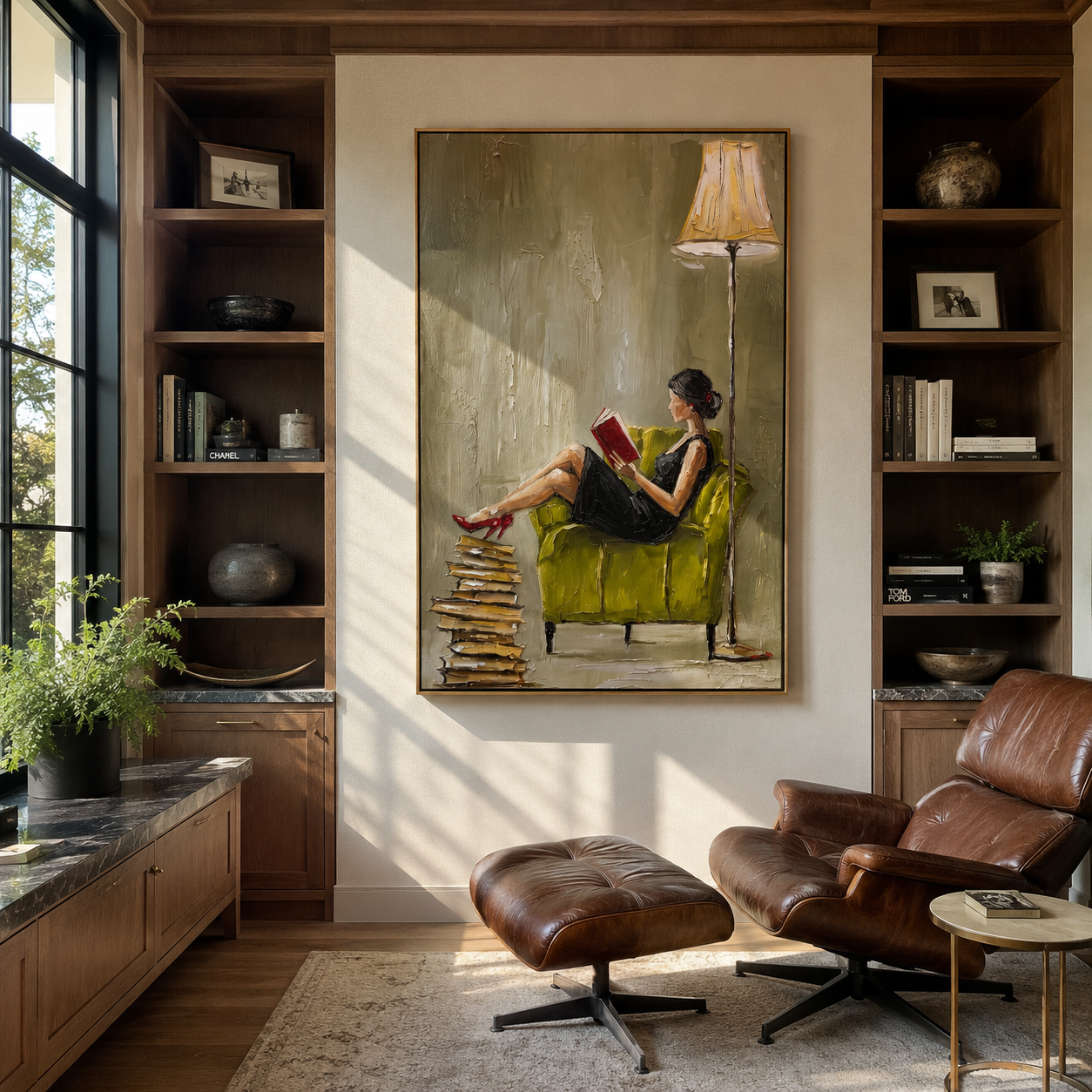 Burgundy Rests With Books displayed in a warm contemporary interior