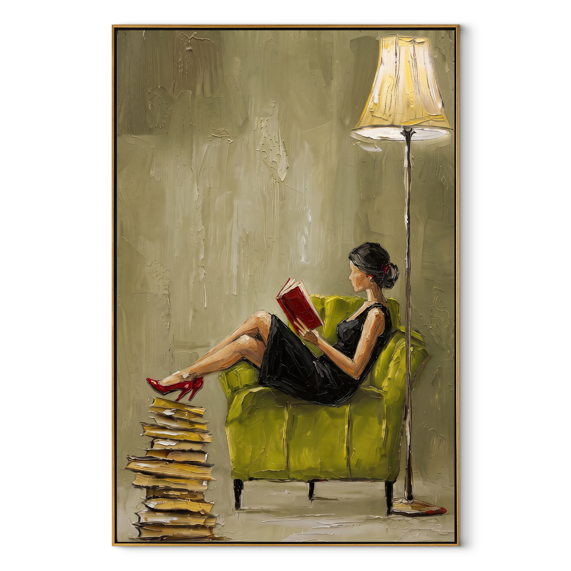 Burgundy Rests With Books textured figurative painting, vertical canvas artwork