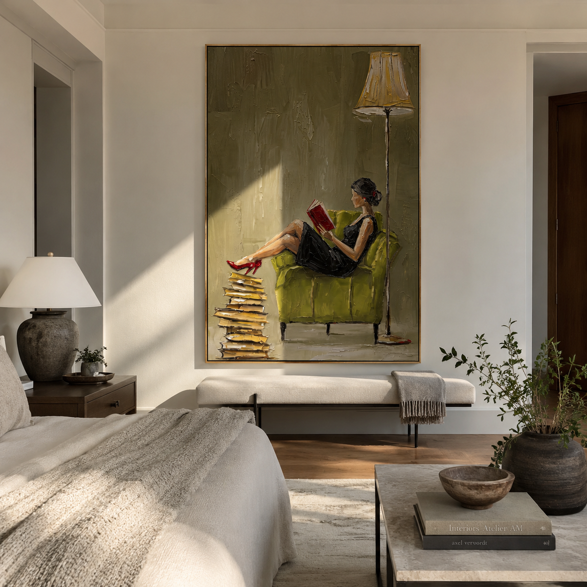 Burgundy Rests With Books styled with neutral modern furnishings