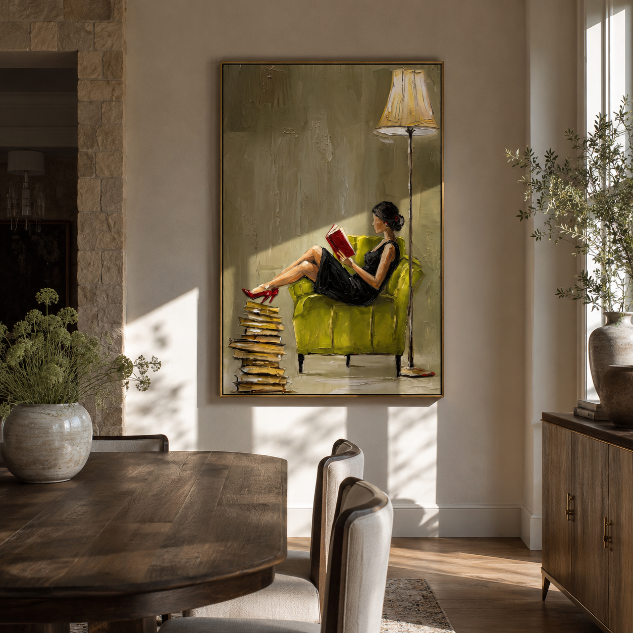 Burgundy Rests With Books presented above a contemporary console