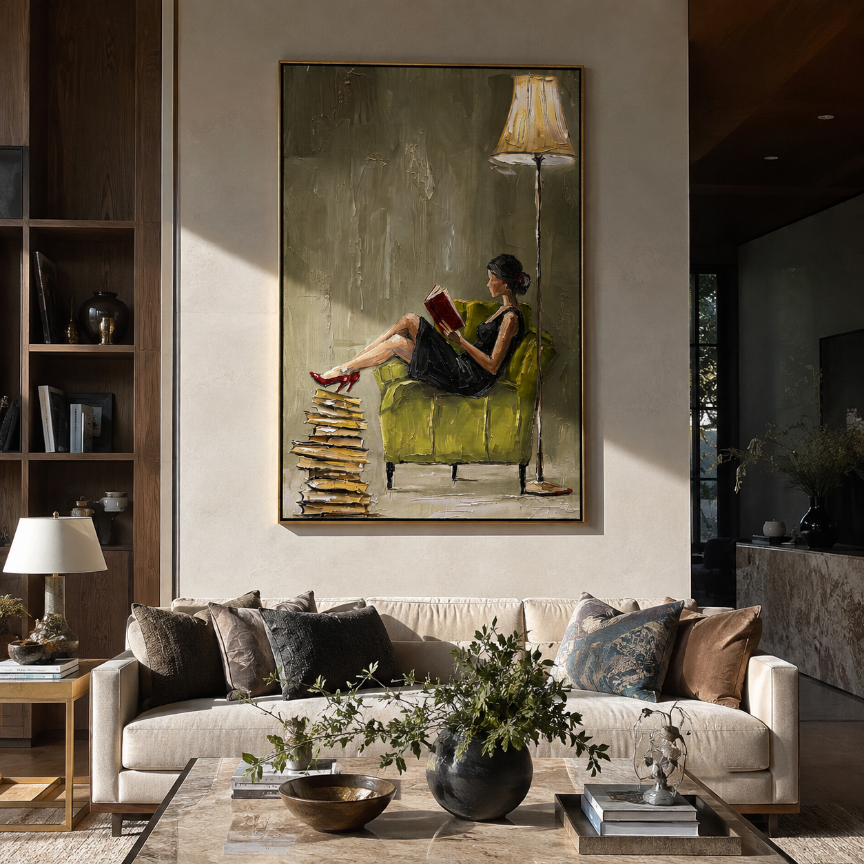 Burgundy Rests With Books styled in a layered residential interior