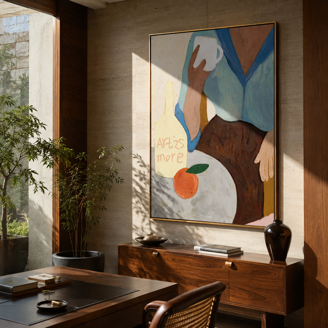 Pale Blouse Carries Cherries presented above a contemporary console