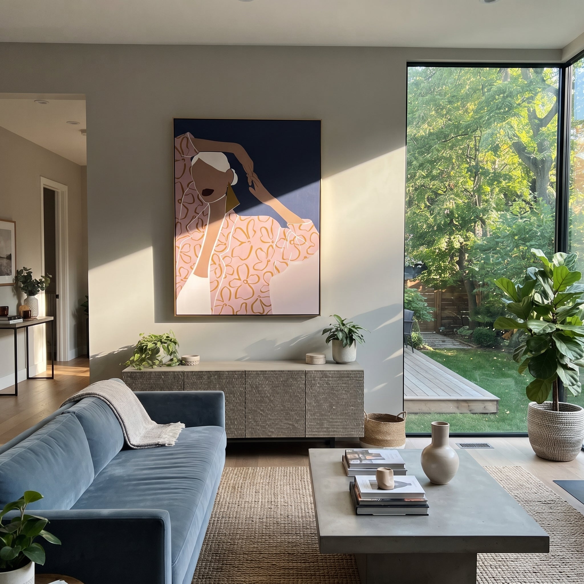Headscarf Turns Into Night styled with neutral modern furnishings