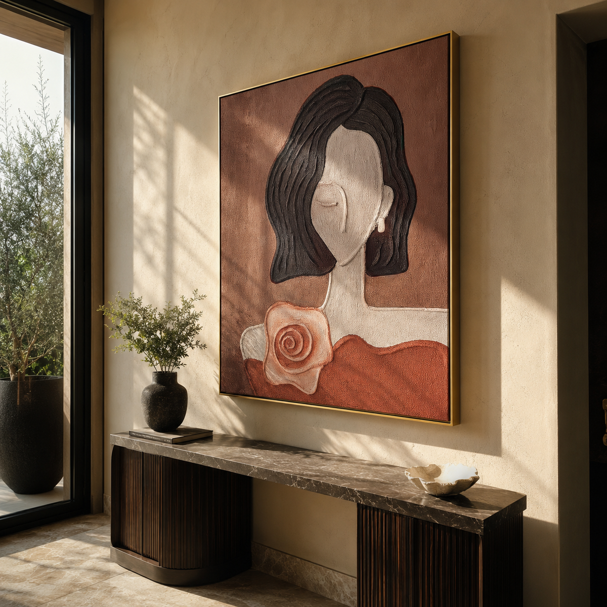 White Cup Meets Geometry presented above a contemporary console