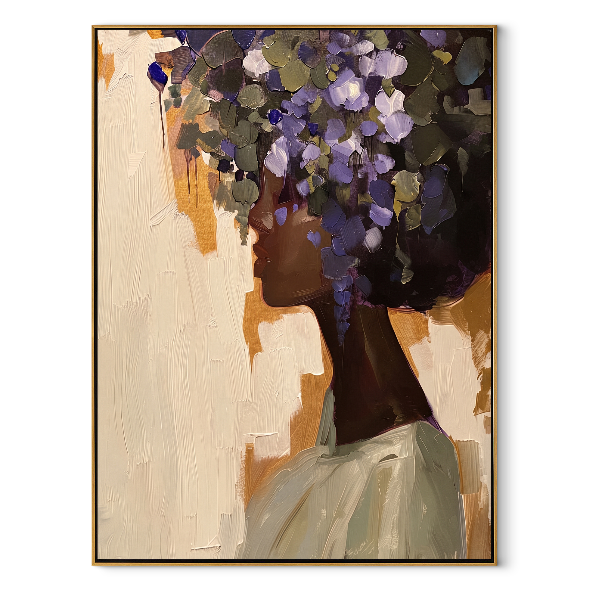 Dark Flowers Crown Profile textured figurative painting, vertical canvas artwork