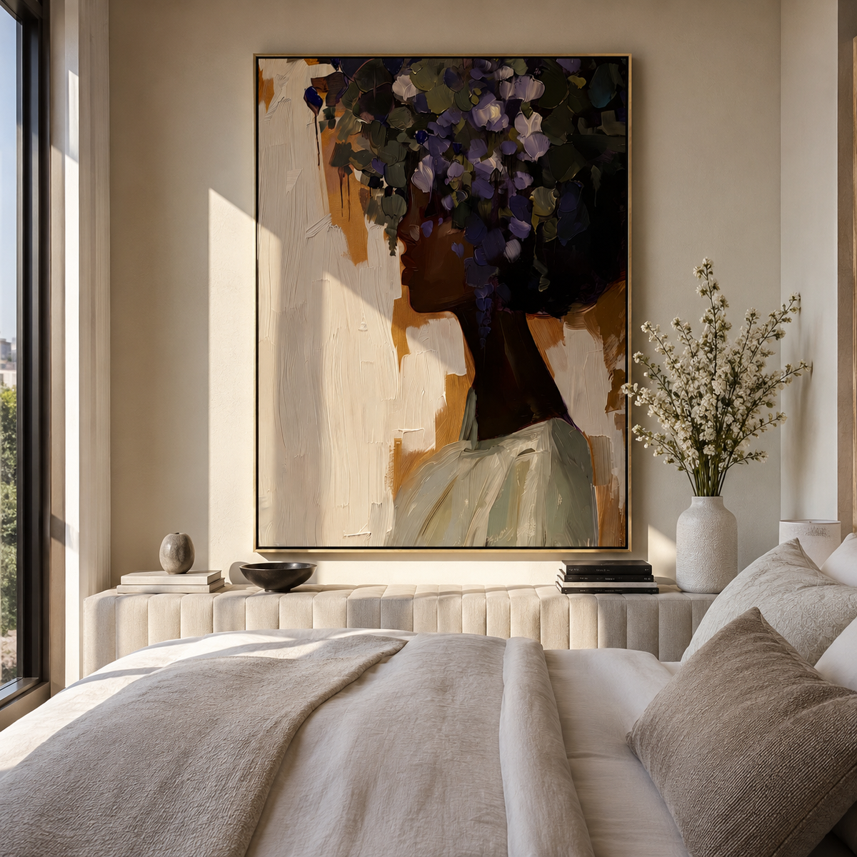 Dark Flowers Crown Profile styled with neutral modern furnishings
