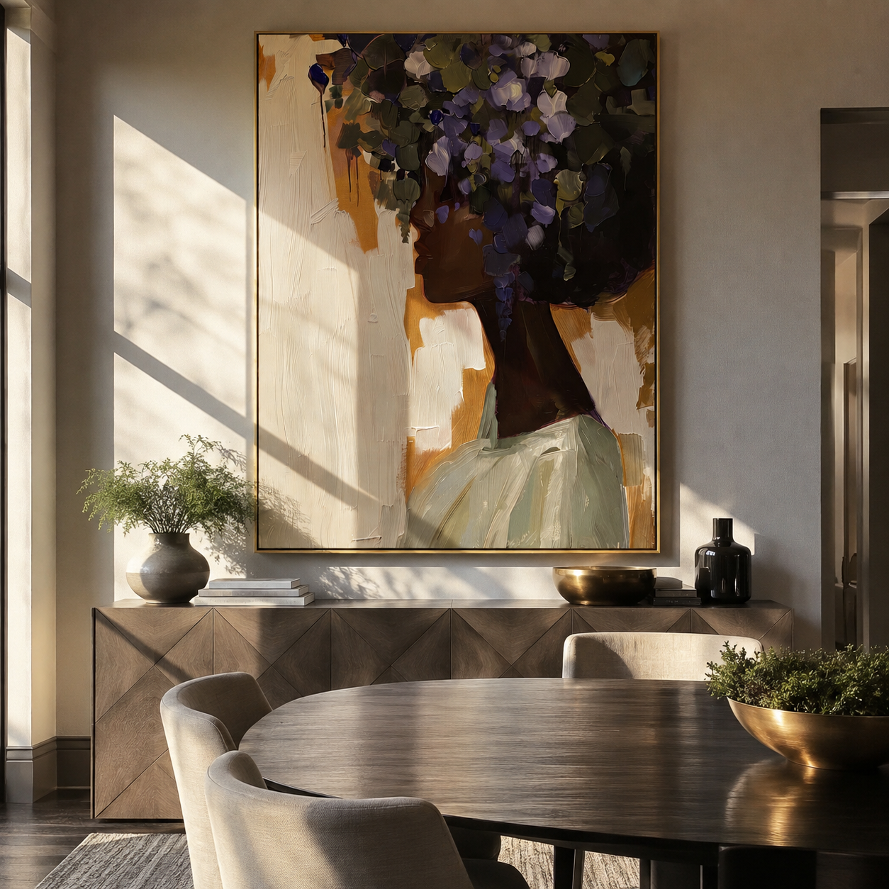 Dark Flowers Crown Profile presented above a contemporary console