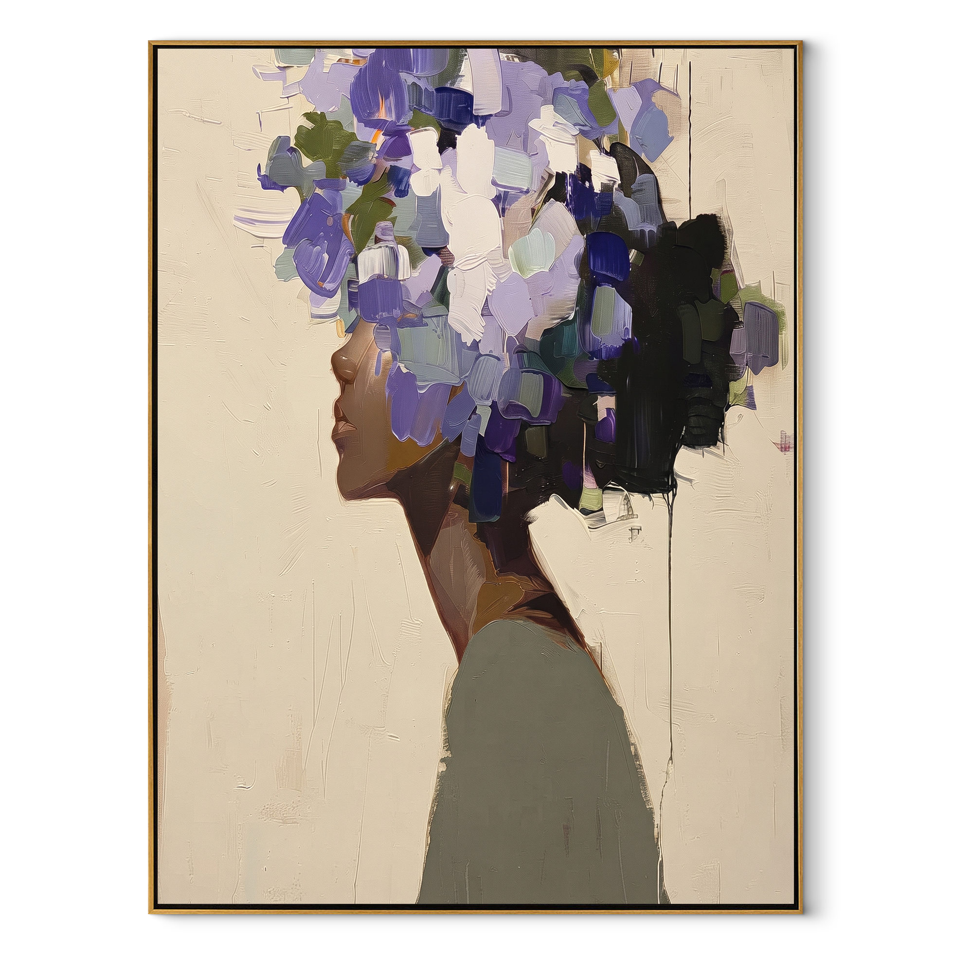 Blue Blooms Face Ivory textured figurative painting, vertical canvas artwork