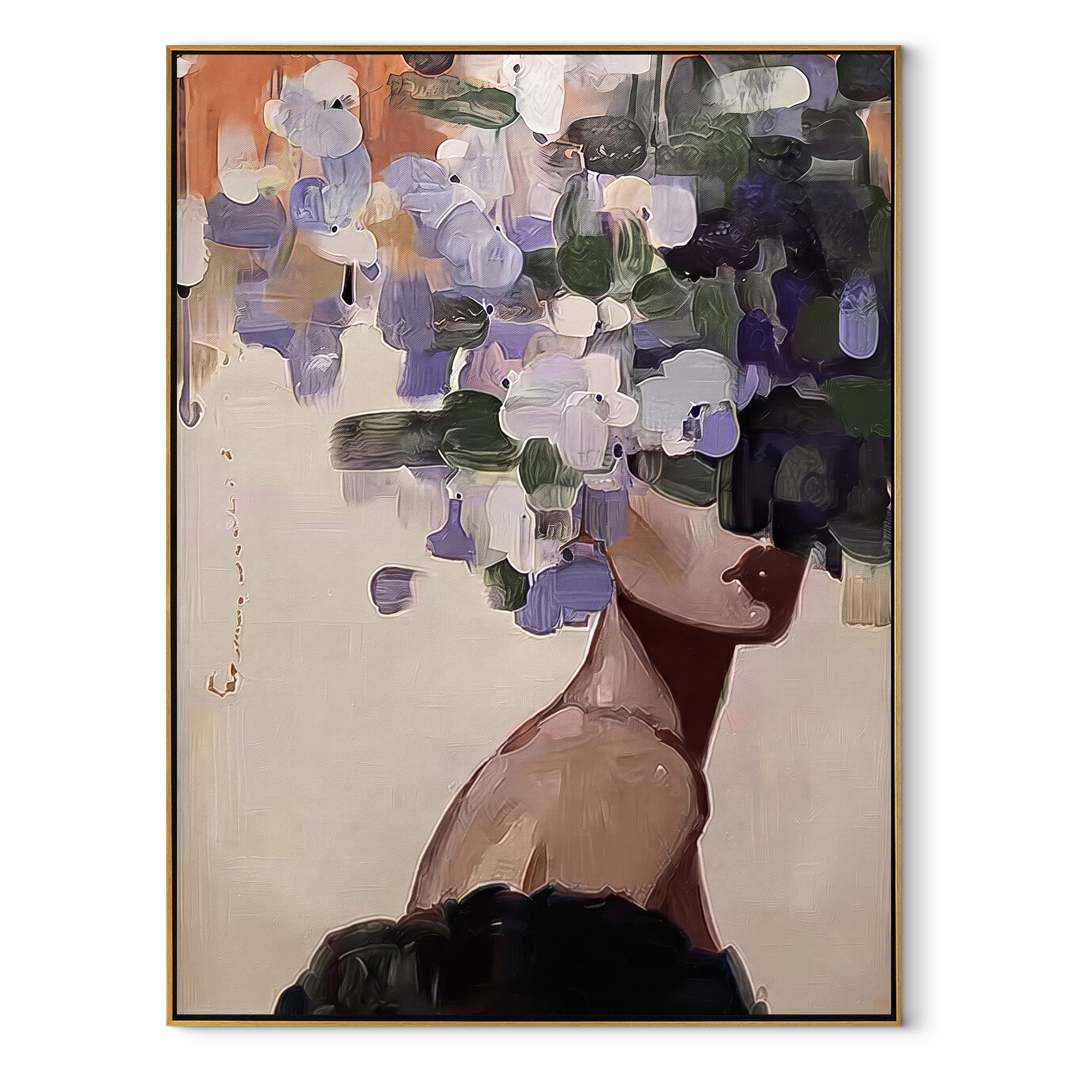 Purple Petals Trace Shoulder textured figurative painting, vertical canvas artwork