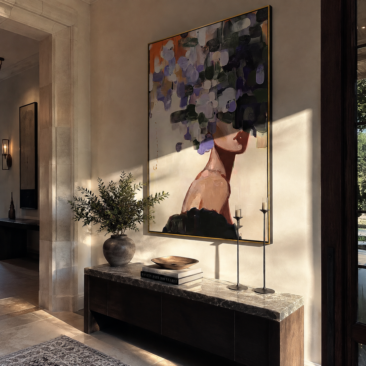 Purple Petals Trace Shoulder styled with neutral modern furnishings