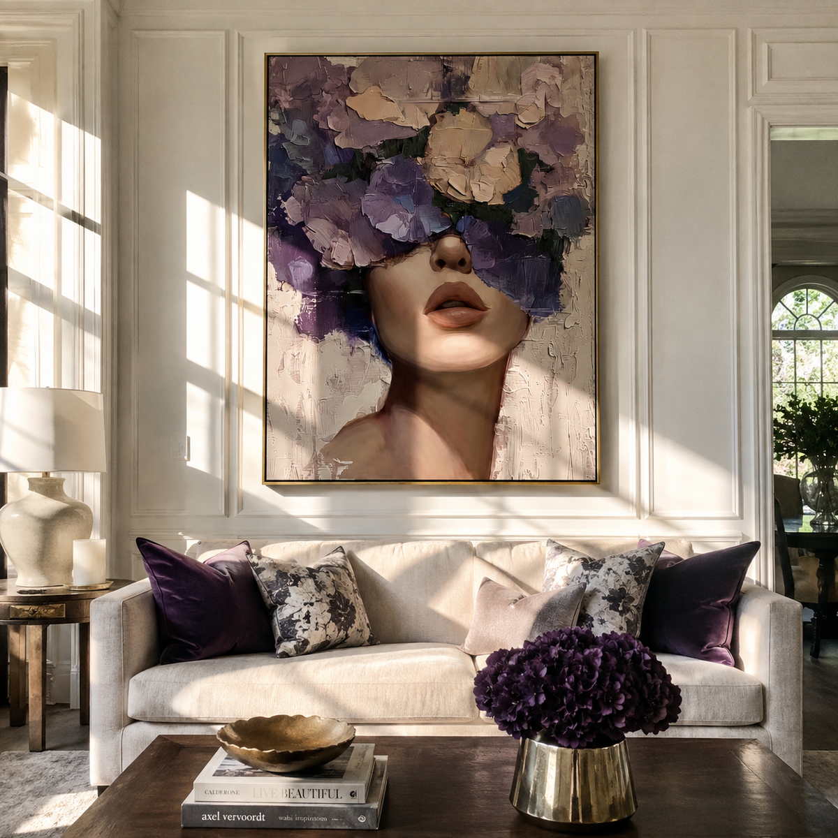 Violet Bouquet Hides Eyes displayed in a warm contemporary interior