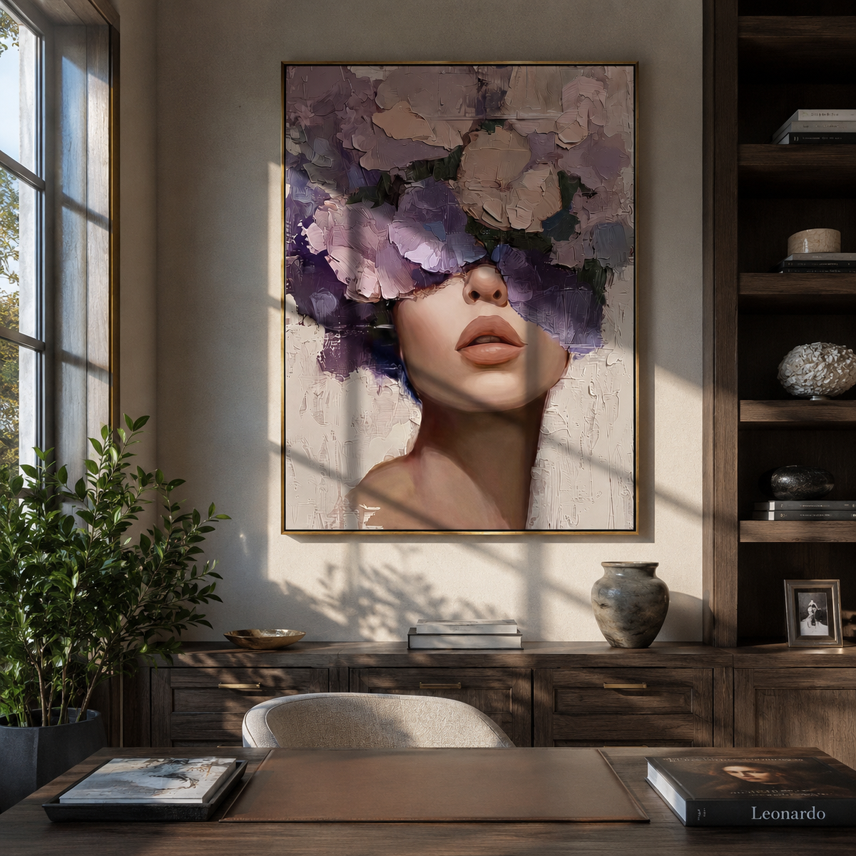 Violet Bouquet Hides Eyes styled with neutral modern furnishings