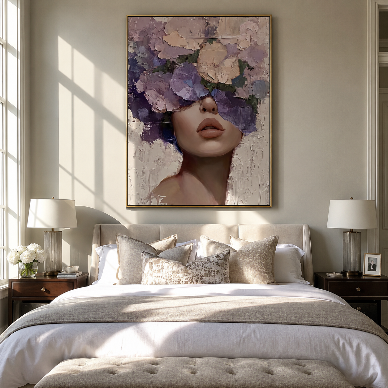 Violet Bouquet Hides Eyes presented above a contemporary console