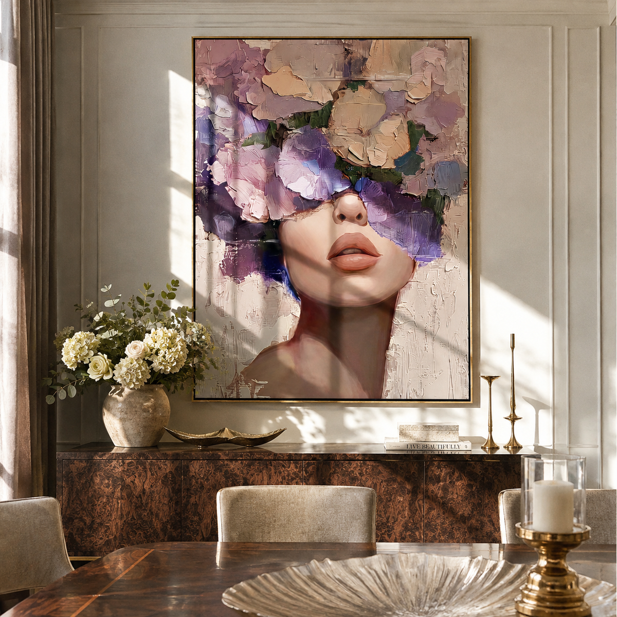 Violet Bouquet Hides Eyes displayed as a Retro Modern room focal point