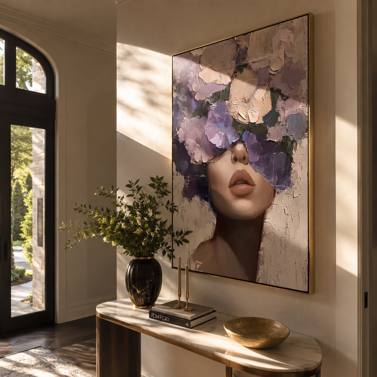 Violet Bouquet Hides Eyes styled in a layered residential interior
