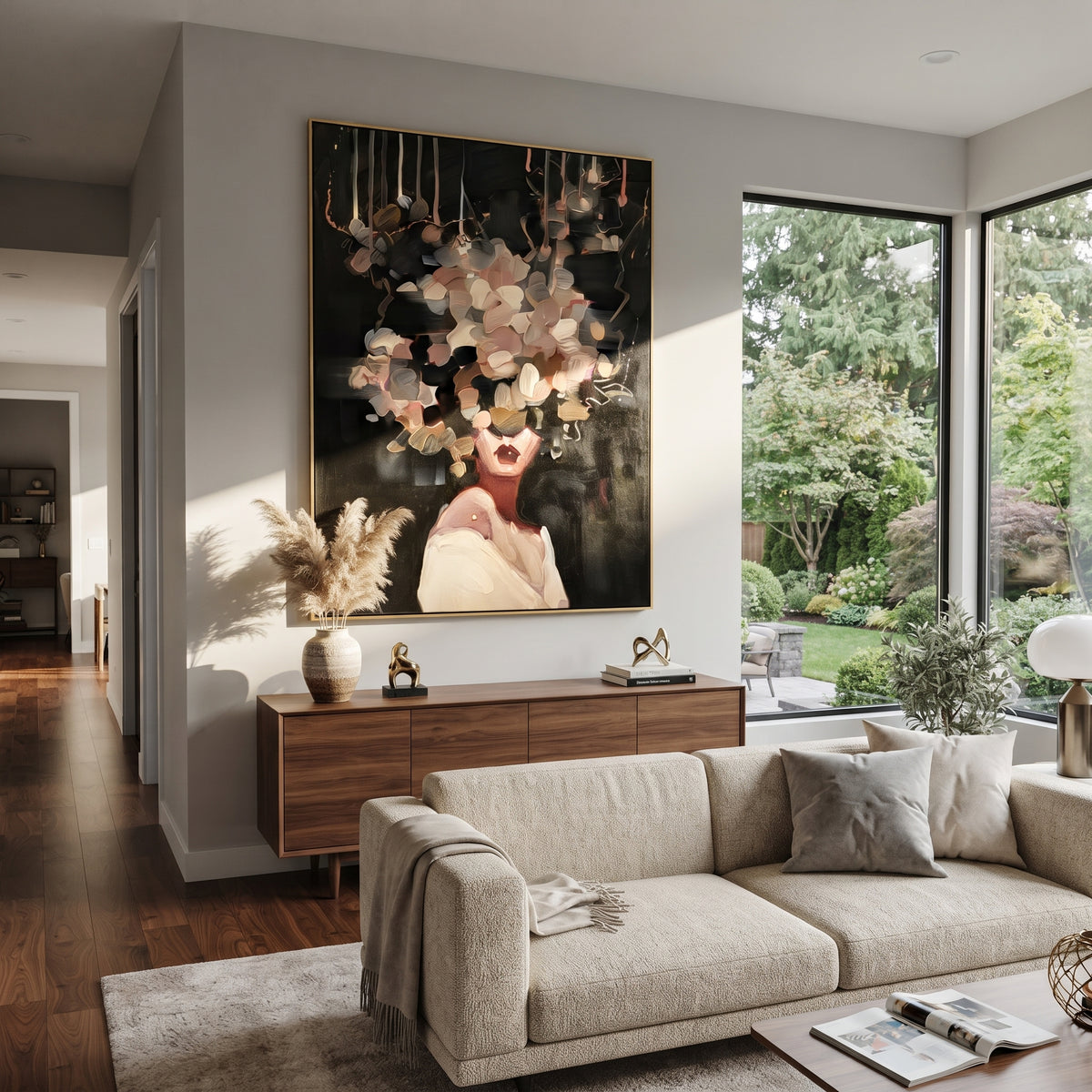 Blossoms Float Against Black presented above a contemporary console