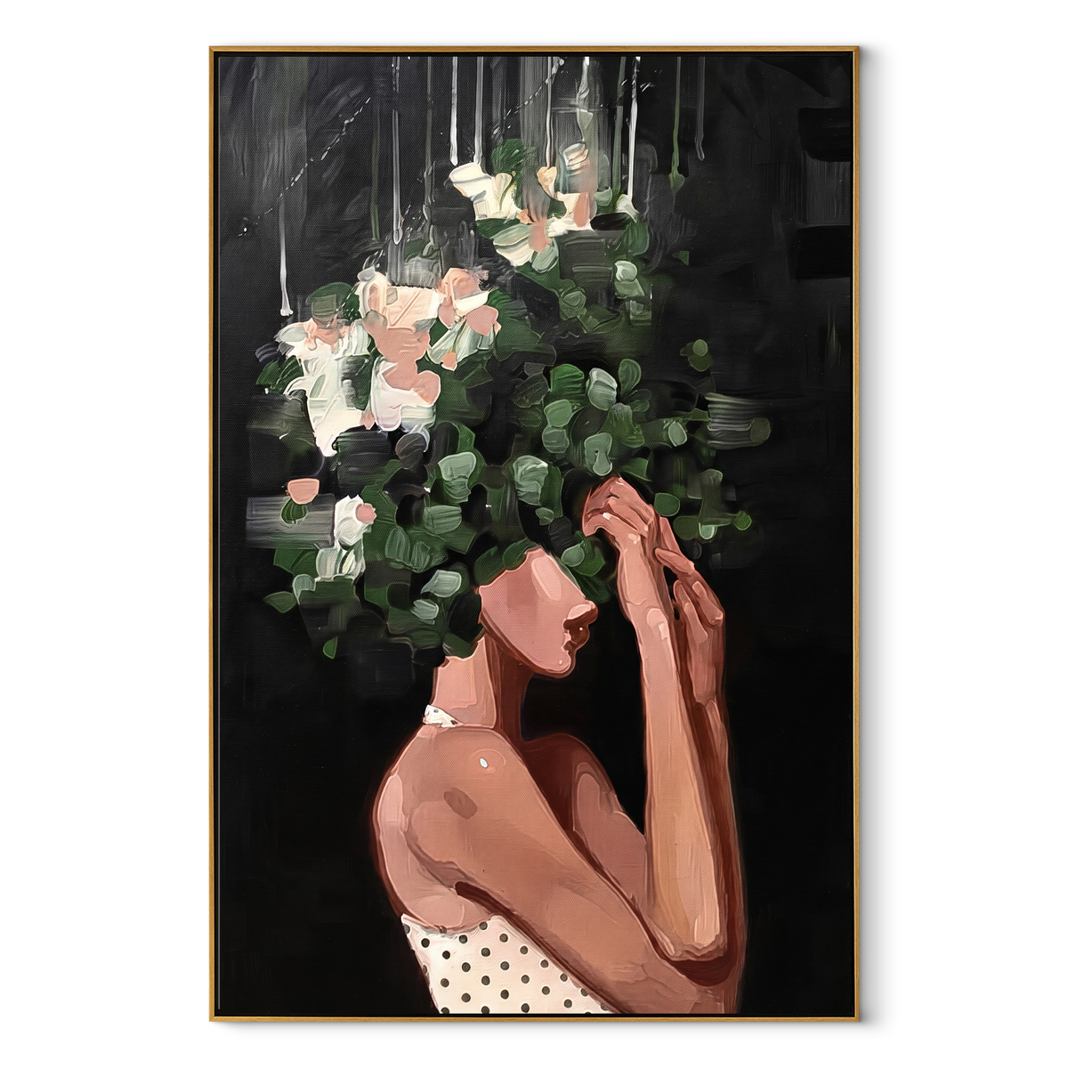 Night Bouquet Holds Her textured figurative painting, vertical canvas artwork