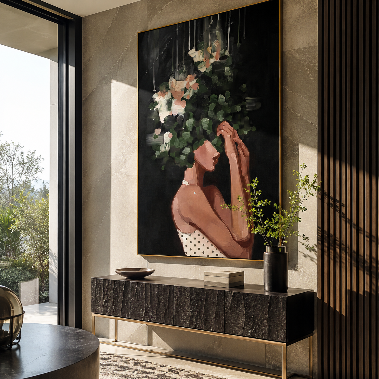 Night Bouquet Holds Her styled with neutral modern furnishings