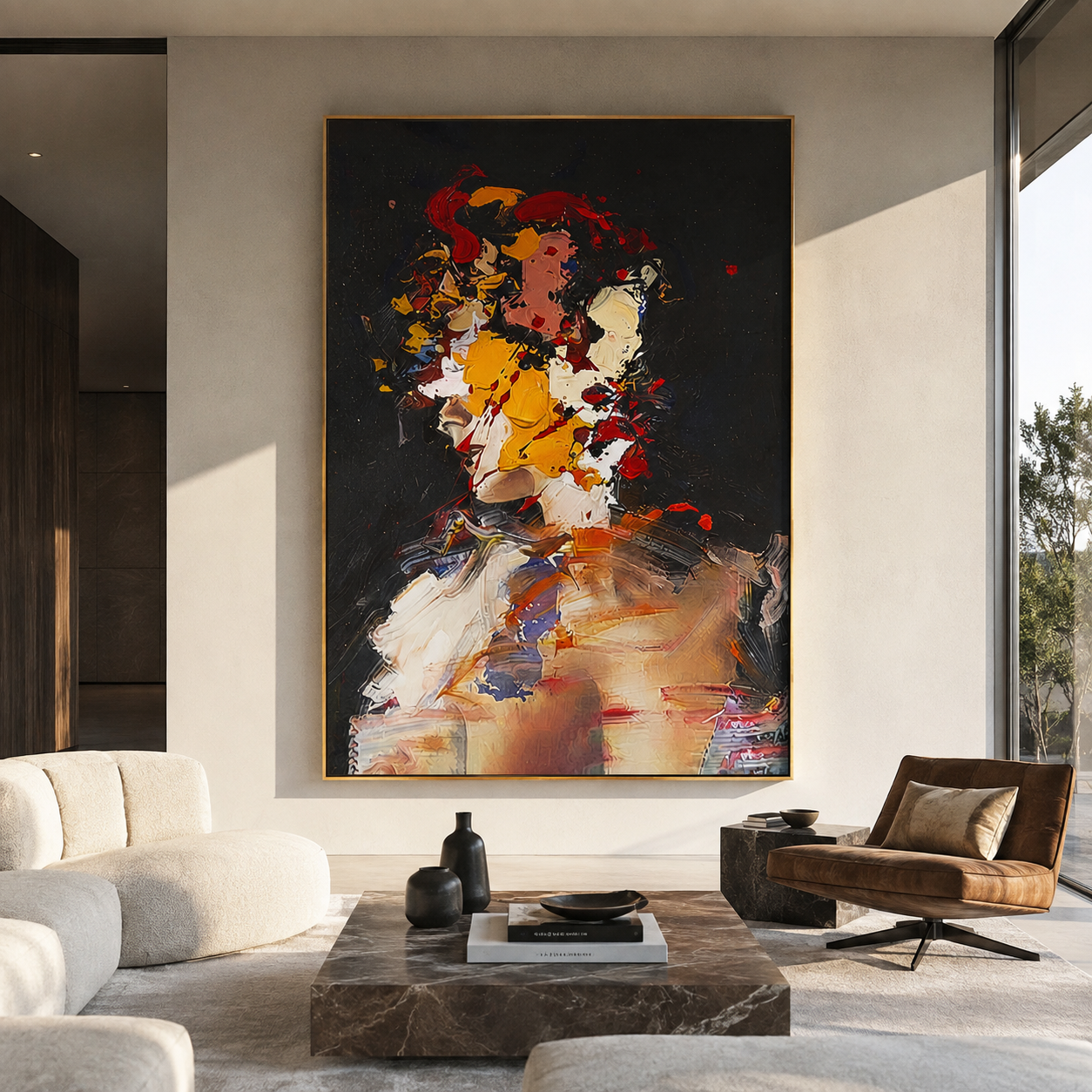 Painted Face Breaks Darkness displayed in a warm contemporary interior